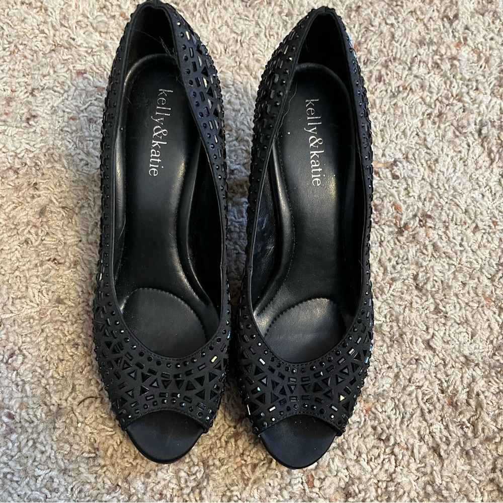 Kelly & Katie Black Open Toe Studded Kitten Heels